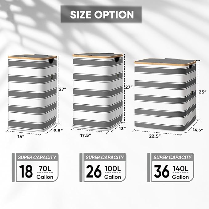 BALEINE Laundry Hamper with Lid, Tall Laundry Baskets with Bamboo Pull Handles - Image 2