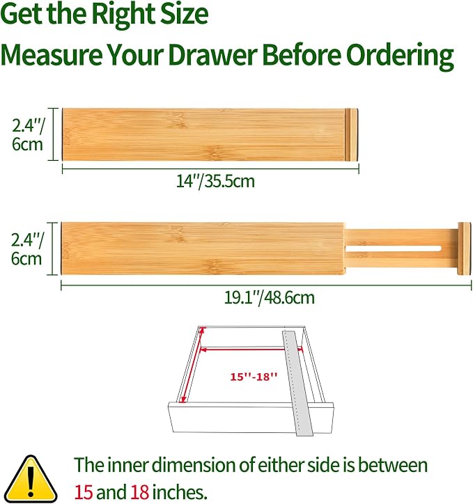 VaeFae 6-Pack Bamboo Drawer Dividers – Adjustable 14"-19.1", Spring-Loaded - Image 2