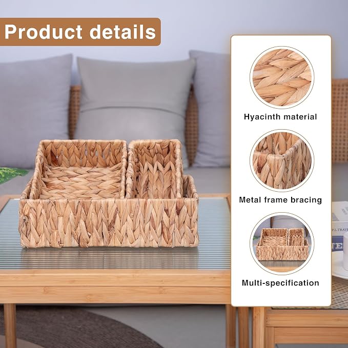 Handwoven Wicker Storage Baskets Set, Natural water hyacinth & Iron Frame | - Image 4