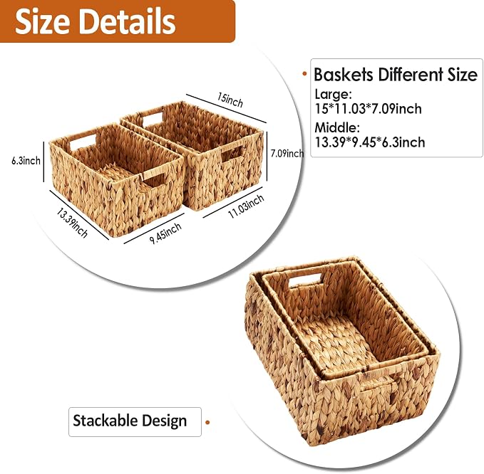 Wicker Baskets 2 Pack, Water Hyacinth Rectangular Storage Basket - Image 2