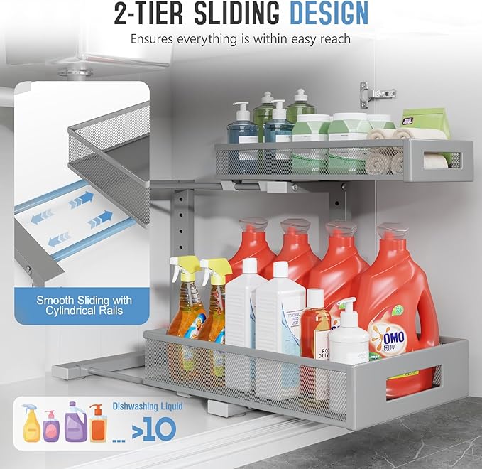 1 Pack-11.4"-16.14" H Under Sink Storage Organizer, Large 2-Tier Elegant Mesh - Image 4