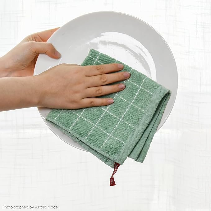 Artoid Mode Checkered Designed Cotton Dark Green Terry Kitchen Dish Cloths - Image 6