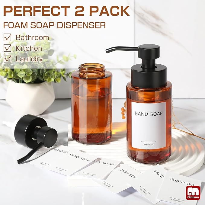 GMISUN Glass Foaming Soap Dispenser, 10 Fl oz / 300ml Amber Glass Soap Dispenser - Image 3