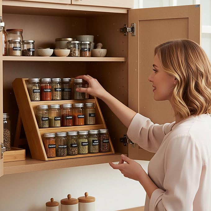 Bamboo Spice Rack Organizer for Kitchen Counter, 3 Tier Foldable Spice Shelf - Image 4