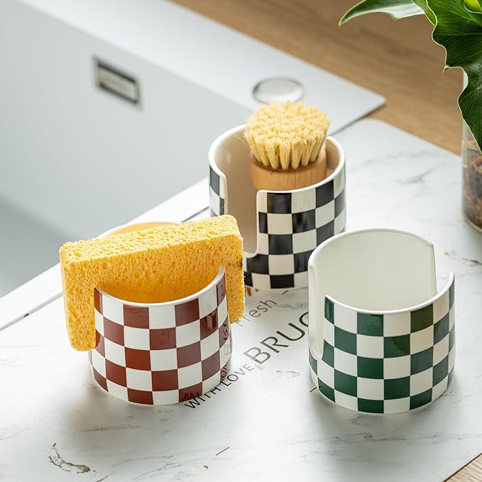 Checkered Kitchen Sink Sponge Holder, Dish Sponge Rack Ceramic Brush Holder - Image 7