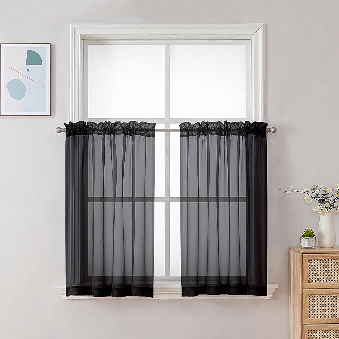 Chyhomenyc Black Sheer Tier Curtains 24 Inch Length, Small Window Curtains by Chyhomenyc