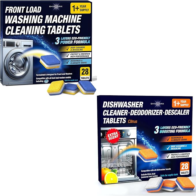 Washing Machine Cleaner Tablets Front Loader 28 Pack & Dishwasher Cleaner by SHIMMERIX