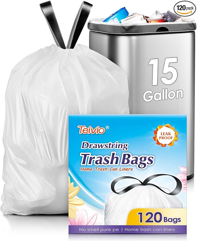 15 Gallon 120 Counts Strong Tall Kitchen Drawstring Trash Bags by Teivio by Teivio