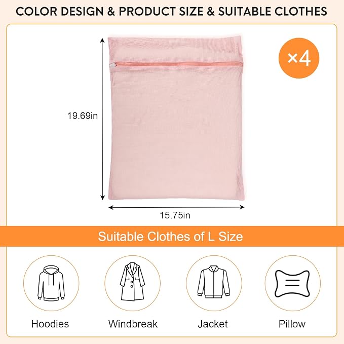 4-Piece Pink Large Durable Organic Cotton Mesh Laundry Bags - Image 4