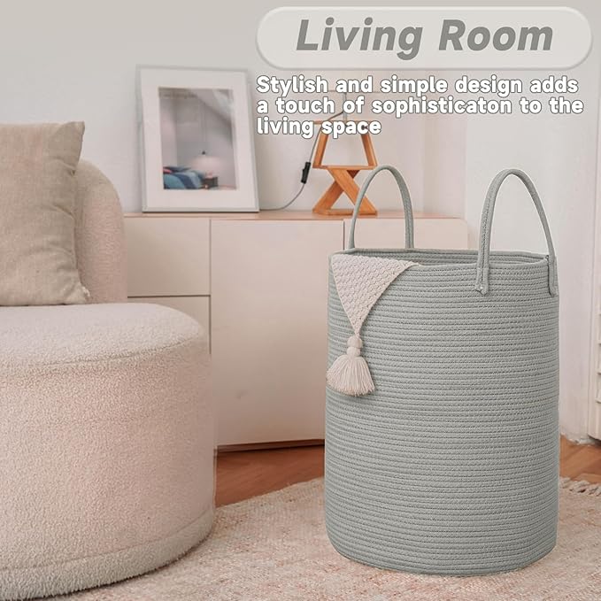 Large Woven Laundry Basket Hamper, 80L Cotton Rope Storage Bin - Image 3