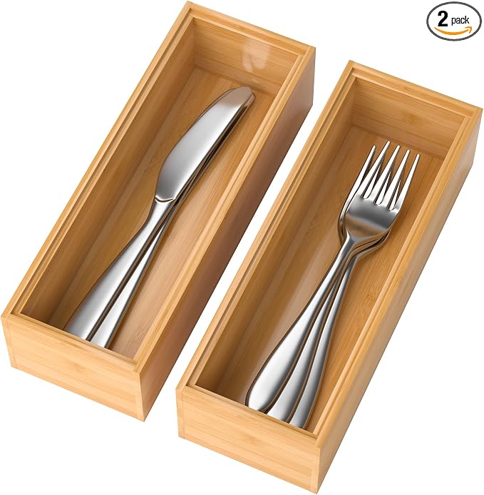Bamboo Drawer Organizer – Set of 2 Stackable Storage Boxes, 8.3" x 2.3" x 1.77" by Lixple