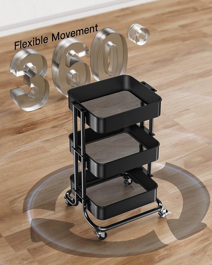 Pipishell 3 Tier Metal Rolling Utility Cart, Heavy-Duty Storage Rolling Cart - Image 7