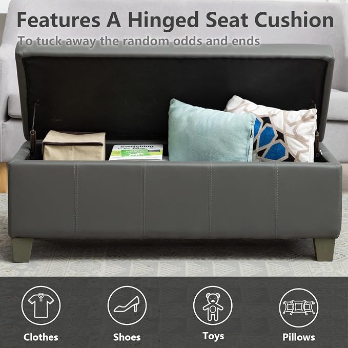Grey Faux Leather Ottoman with Storage, Rectangular Extra Long Storage Bench - Image 6