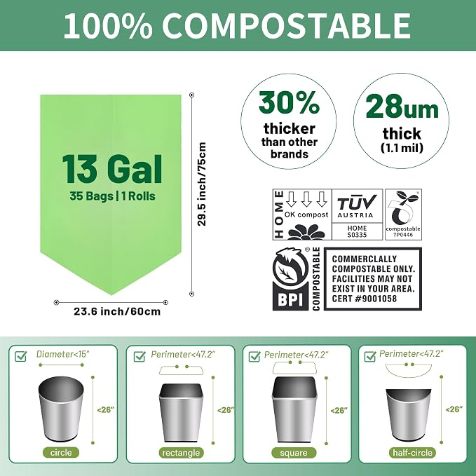 13 Gallon Trash Bags Compostable Compost Large Garbage Bag Extra Thick 1.1 Mil - Image 5