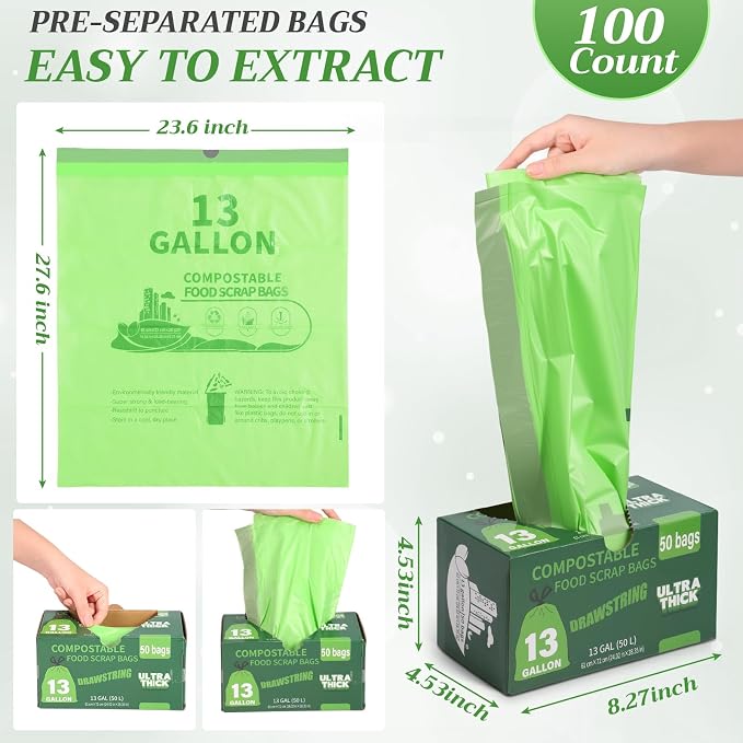 Amyhill 100 Count Compostable Kitchen Trash Bags 13 Gallon Compostable - Image 3