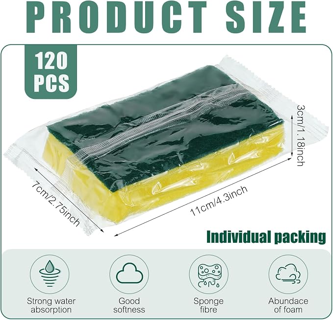 Tanlade 120 Pcs Individually Wrapped Sponge Dishwashing Sponge Bulk Non Scratch - Image 2