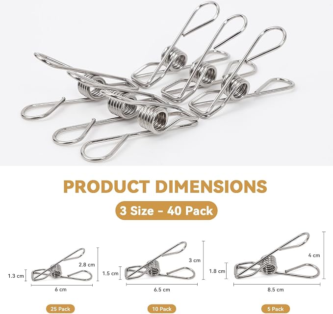 40 Pack Clothes Pins Heavy Duty, Metal Clothespins Assorted Size Include Extra - Image 2