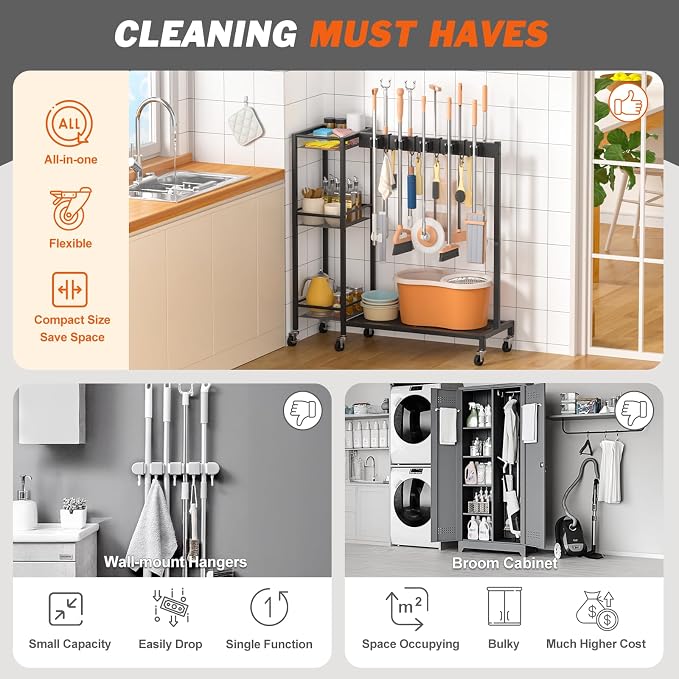 Broom Holder with Cleaning Supplies Organizer, Broom Closet Storage Cabinet - Image 5