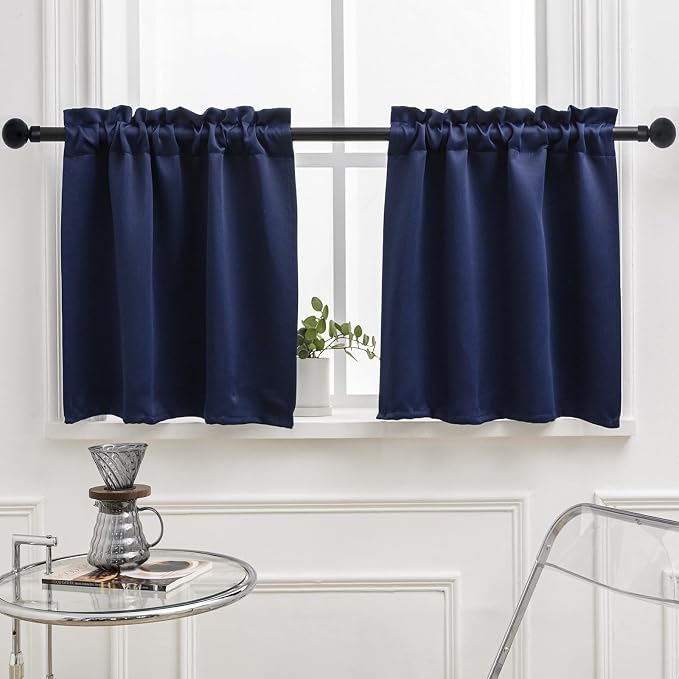 Pickluc Navy Blue Cafe Curtain 30 Inches Length, Rod Pocket Small Kitchen by PICKLUC
