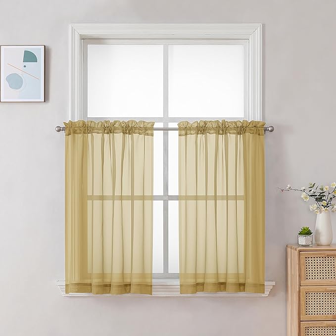 Chyhomenyc Gold Sheer Curtains 30 inch Length 2 Panels, Light Filtering Voile by Chyhomenyc