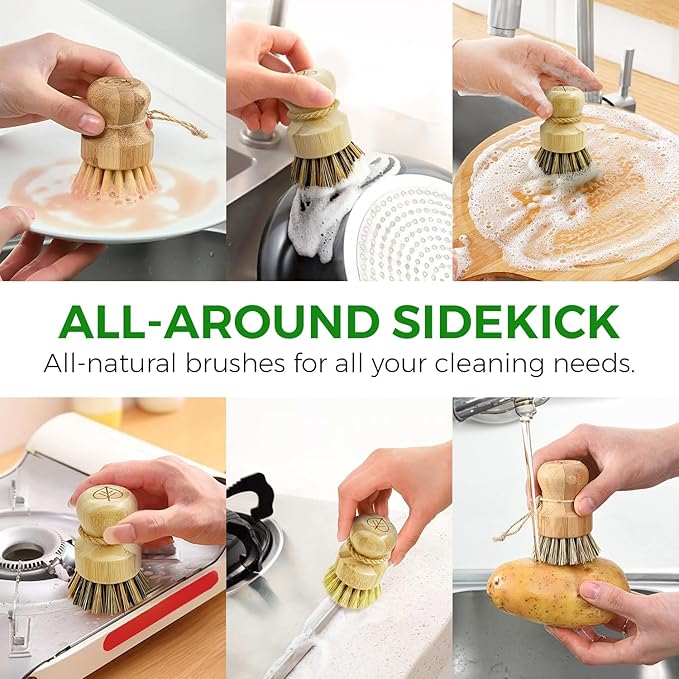 Bamboo Dish Brush Set of 3-100% Plastic Free Kitchen Scrubber - Image 7