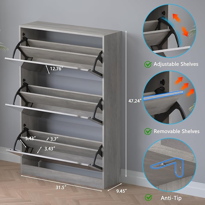 Shoe Cabinet with 3-Flip Mirror Drawers, Freestanding Shoe Rack Organizer with - Image 2
