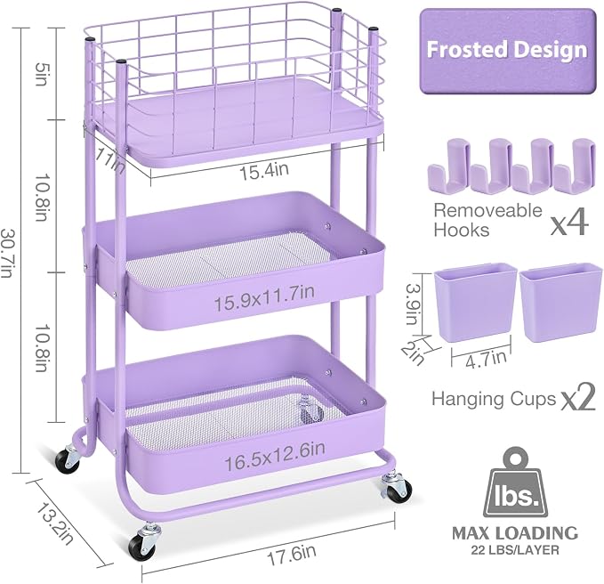 KINGRACK 3 Tier Rolling Cart, Metal Mobile Storage Shelf - Image 2