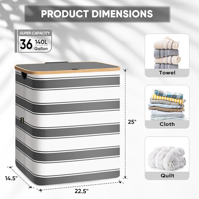 BALEINE Laundry Hamper with Lid, Tall Laundry Baskets with Bamboo Pull Handles - Image 4