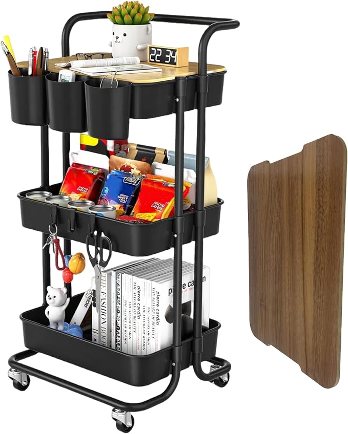 3 Tier Rolling Cart with Metal Handle, Table Top, Hanging Cups, Plastic Storage by GiveUsaChanceGiveYouMoreProbability