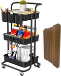 3 Tier Rolling Cart with Metal Handle, Table Top, Hanging Cups, Plastic Storage by GiveUsaChanceGiveYouMoreProbability