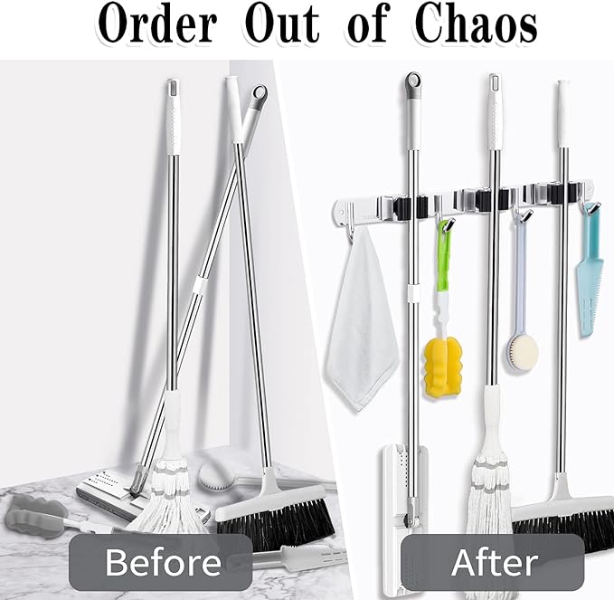 3 Racks and 4 Hooks Broom and Mop Holder Wall Mounted Garage Organizer Storage - Image 6