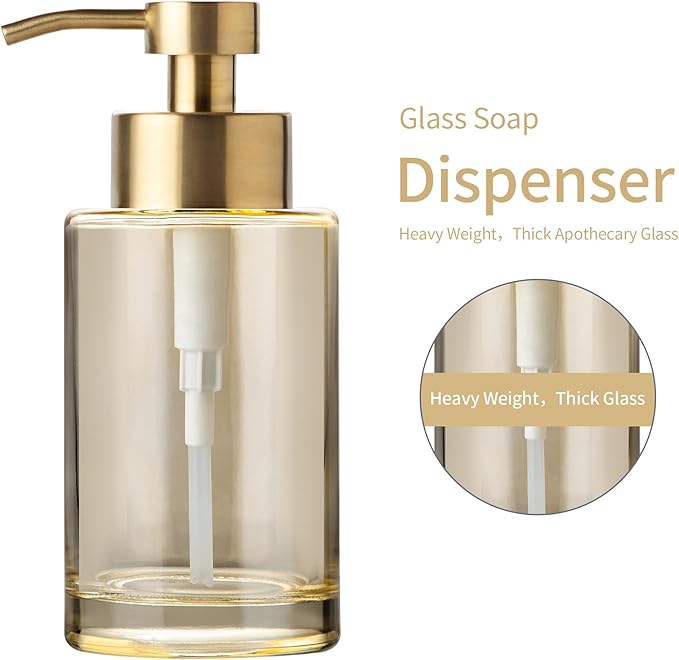 Enra Gold Foaming Soap Dispenser, 12oz Thick Glass Bathroom & Kitchen Dispenser - Image 3