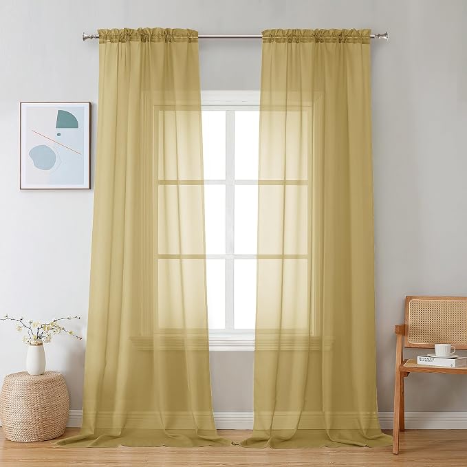 Chyhomenyc Sheer Gold Curtains 90 inches Long 2 Panels, Light Filtering Soft by Chyhomenyc