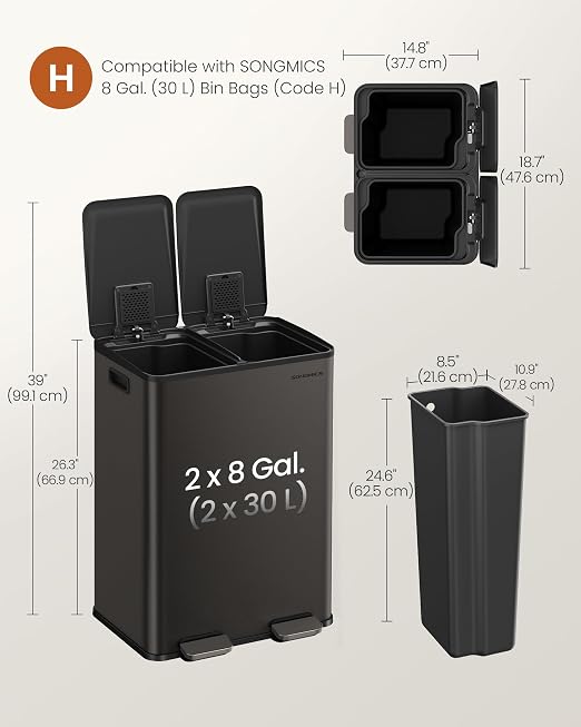 SONGMICS Trash Can, 2 x 8 Gallon Dual-Compartment Garbage Can - Image 6