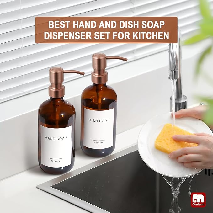 GMISUN Amber Glass Soap Dispenser, 2 Pack Bathroom Hand Soap Dispensers - Image 6