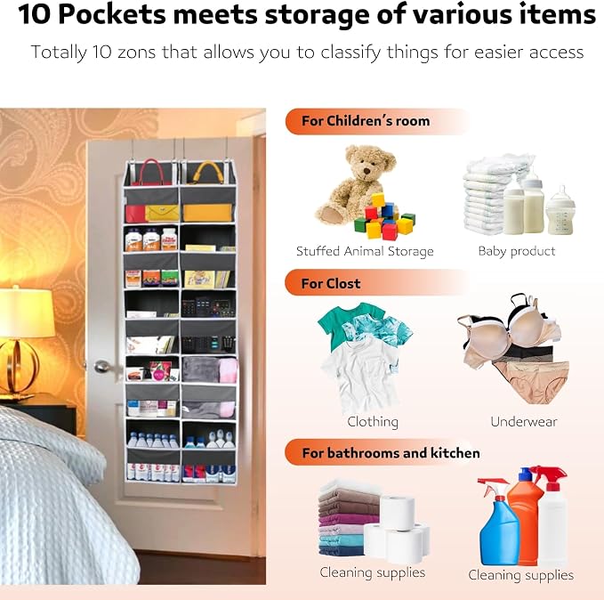 2 Pack Over the Door Organizer 5 Tiers, Extra Large Behind Door Storage of 10 - Image 6