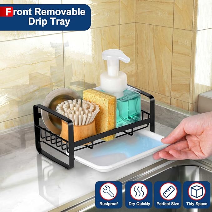 HULISEN Kitchen Sink Sponge Holder, 304 Stainless Steel Kitchen Soap Dispenser - Image 3