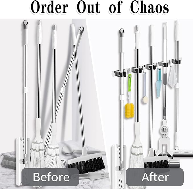 2 Pack Mop and Broom Holder Wall Mount, 5 Racks and 4 Hooks Broom Organizer - Image 6