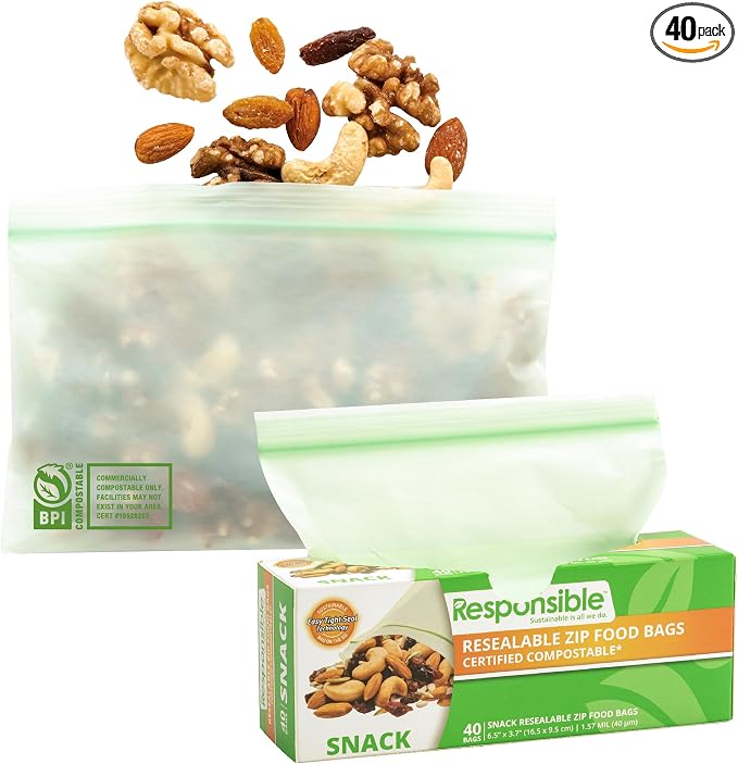 Responsible Products Certified Compostable SNACK Resealable Zip Bag, Extra by ResponsibleProducts%C2%AE