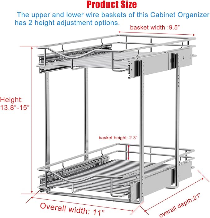 DINDON 2 Tier Pull Out Cabinet Organizer, Double Tier Wire Basket Slide Out - Image 2