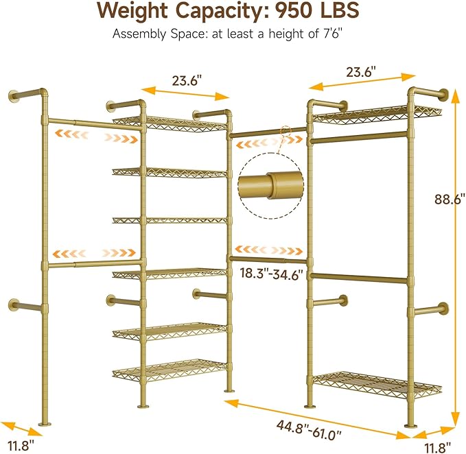 ONBRILL L4 Wall Mounted Industrial Pipe Clothing Rack, Closet Organizer System - Image 3