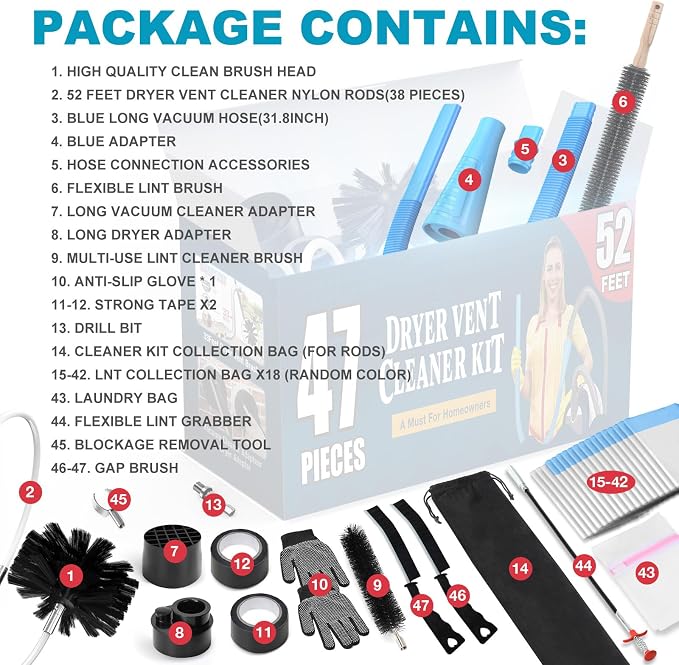 Sealegend 47-Piece 52-Feet Dryer Vent Cleaner Kit, Dryer Cleaning Tools - Image 6