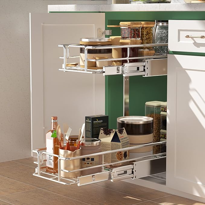 LOVMOR 2 Tier Individual Pull Out Cabinet Organizer 9" W x 21½" D, Slide Out - Image 2