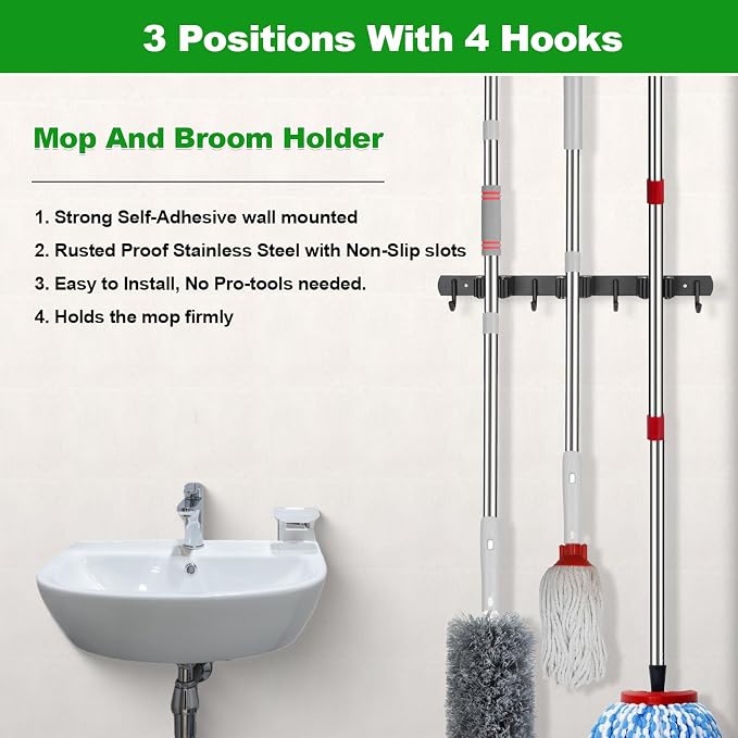 voze 3 Racks and 4 Hooks Mop and Broom Holder Wall Mount, Self Adhesive Heavy - Image 3