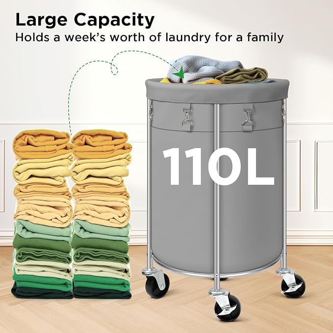 Laundry Hamper with Wheels, 100L Round Rolling Laundry Basket Sorter with - Image 6