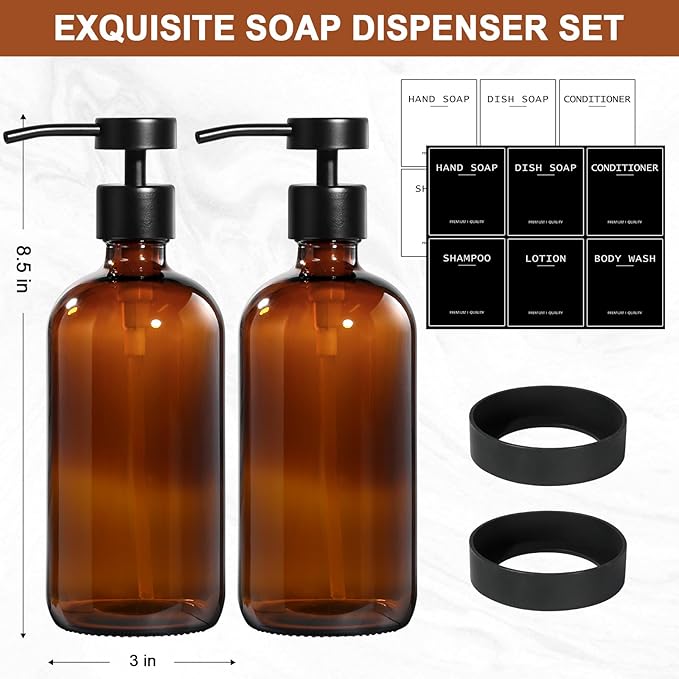 Amber Glass Soap Dispenser 2 Pack, Hand Soap Dispenser Bathroom - Image 2