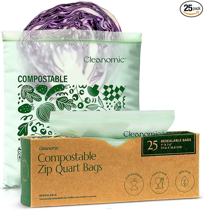 Cleanomic Compostable* Quart Size Food Storage Bags Freezer and Leak Proof by Cleanomic