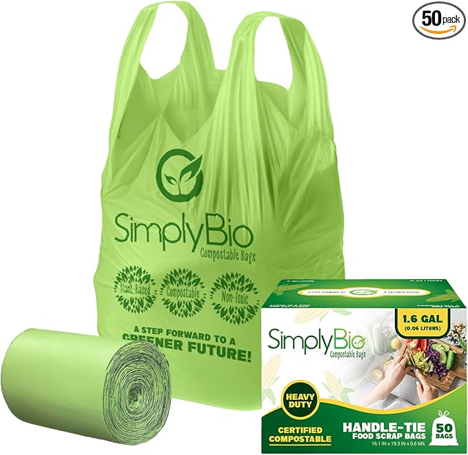 Simply Bio 1.6 Gallon Compostable Trash Bags Liners Handle, Heavy Duty Extra by SimplyBio