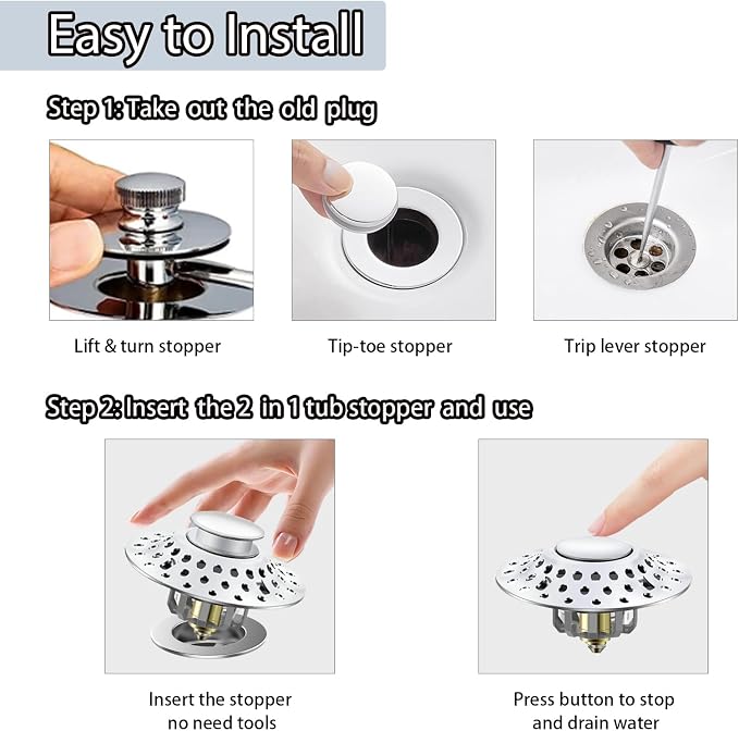 Tub Stopper Bathtub Drain Hair Catcher, 2 in 1 Bathtub Drain Stopper, Bathtub - Image 5