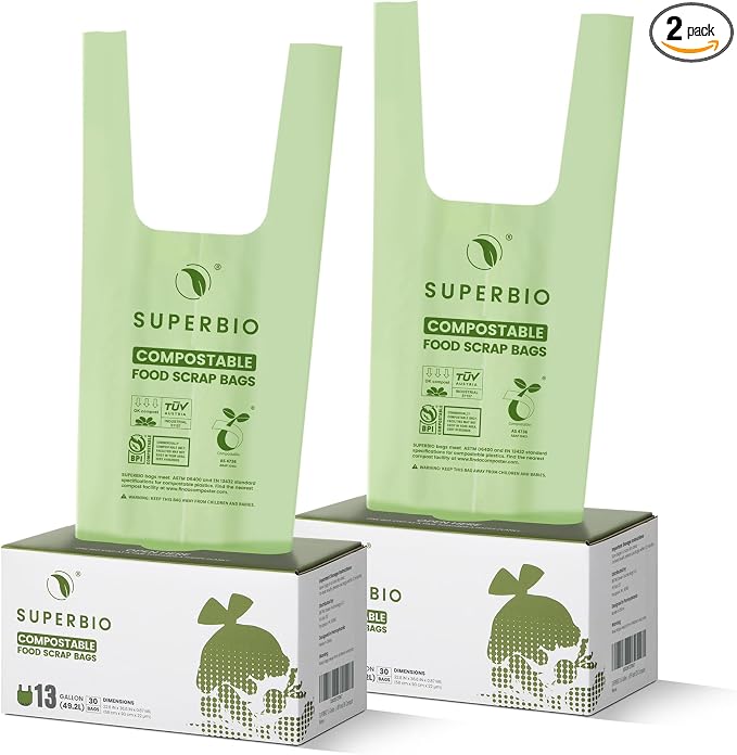 SUPERBIO 13 Gallon Handle Tie Compostable Food Waste Bags, 2 Pack, ASTM D6400 by SUPERBIOCOMPOSTABLEBAGS